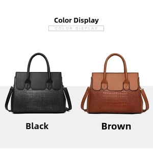 Detail of vintage tote bags in black and brown featuring elegant faux crocodile textures