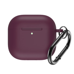 Deep purple silicone case for AirPods 4 with black metal carabiner and LED light indicator