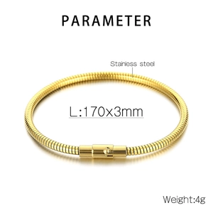 Technical detail of golden stainless steel snake chain bracelet showing size and material