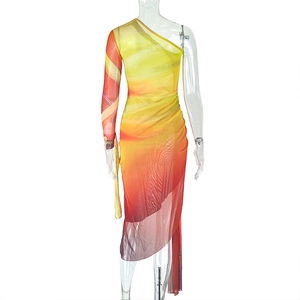 Detail of ruched mesh texture and sunset gradient on one-shoulder slim fit dress