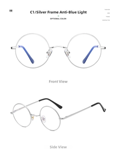 Detailweergave van de zilveren metalen ronde bril met blauw licht bescherming
