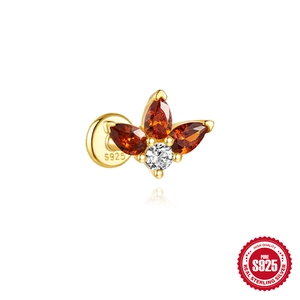 S925 sterling silver gold stud earring with orange and clear zircon floral design