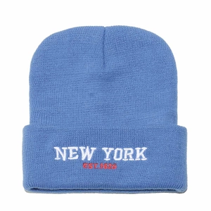 Close-up of white NEW YORK embroidery on sky blue knitted beanie hat with turn-up cuff