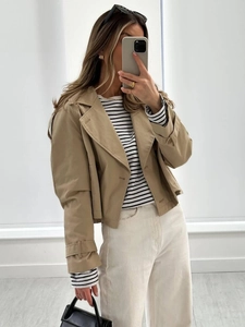 Women Short Trench Coat Jacket Polyester Double Breasted Lapel Epaulettes Chic Casual Spring Autumn Outerwear