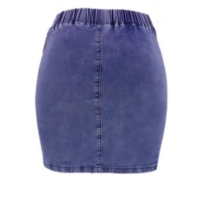 Deep blue denim bodycon skirt with elastic waist shown from the back view