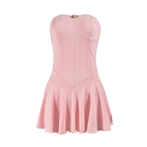 Close-up of pink pleated tube dress with a delicate flower detail on the chest