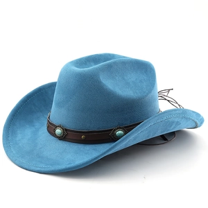 Chapeau de cowboy classique bleu ciel en suédine avec bande de cuir et turquoise