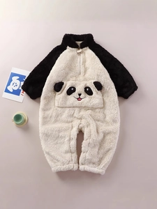 Plush panda infant romper in black and white fleece with zipper and cute front pocket