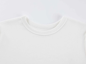 Close-up of the ribbed crew neck and fine knit texture of this white modal T-shirt