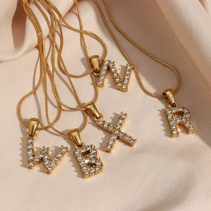 18K gold plated stainless steel snake chain necklaces with sparkling zircon alphabet pendants