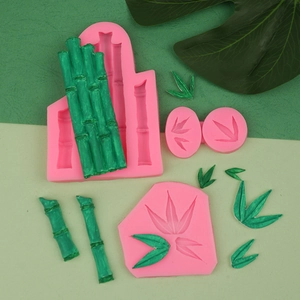 Detailed pink silicone bamboo and leaf mold set for DIY fondant and baking cake decorating