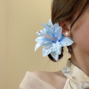 Detail view of a light blue fabric lily hair clip worn with a large pearl earring