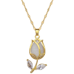 Elegant gold tulip necklace with white cat eye stone and sparkling zircon leaves
