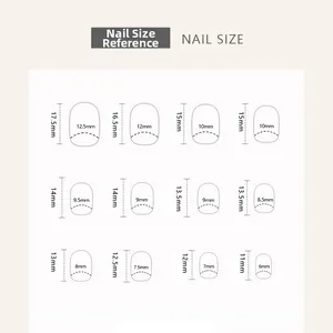 Detailed size chart for press-on nails showing width and height measurements in millimeters
