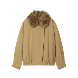 Giacca Bomber Da Donna Con Collo In Pelliccia Sintetica Cachi Chiusura Lampo Vestibilità Ampia Streetwear Casual Tasche