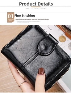 Close-up of black leather wallet with smooth zipper and detailed stitching crafts