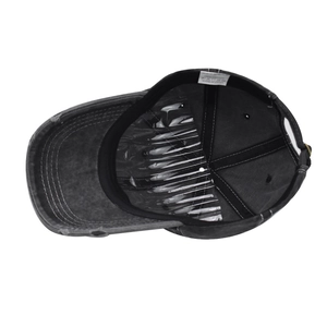 Detail view of washed cotton baseball cap interior showing sweatband and stitching