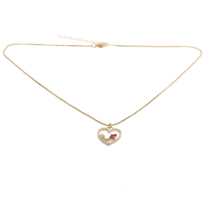 Collana in oro con pendente a cuore in zirconi, scritta LOVE e pietra centrale rossa