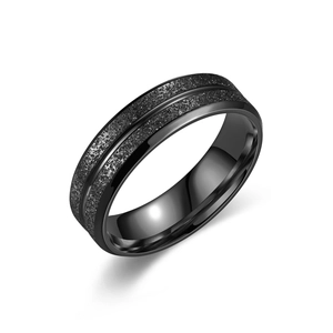 Detailed view of black titanium steel ring featuring matte sandblasted finish and polished edges