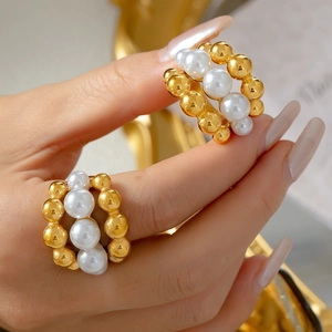 Middle Eastern style 18k gold plated hollow bead ring with shell pearl accents for women