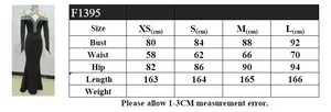 Detailed size chart for off-shoulder mermaid evening dress showing bust and waist measurements
