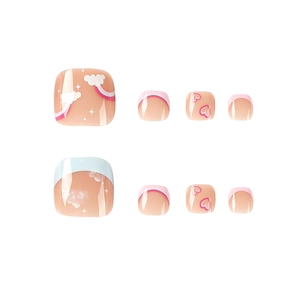 Blue and pink French toe press-on nails with rainbow, clouds and heart designs