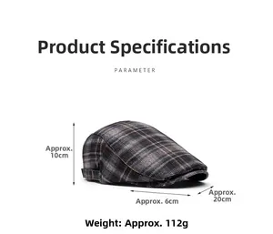 Detailed parameter guide for the vintage plaid flat cap showing dimensions and weight