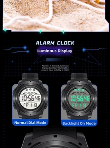 Digital sports watch detail showing LCD display with alarm and backlight features