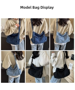 Detail of multi-pocket denim crossbody bag shown in blue, light blue, and black denim colors