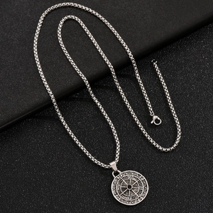 Compass pendant necklace with diamond accents in silver metal punk retro style
