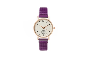 Detail of rose gold quartz watch with purple mesh band and small second sub-dial