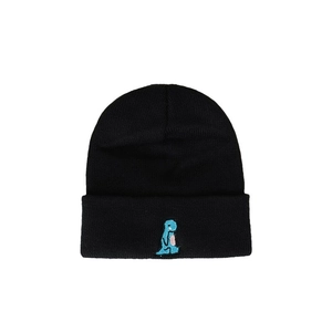 Black knit beanie with blue dinosaur embroidery and classic folded cuff design