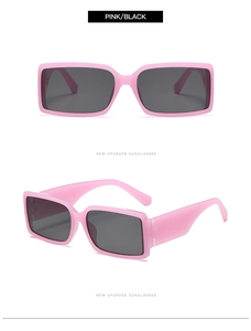 Detail view showing front and side angles of retro pink thick frame sunglasses with black lenses
