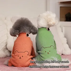Cartoon Bear Pattern Dog Jumpsuit Pajamas Knit Cotton High Neck Button Four Legged Warm Soft Clothes For Small Dogs