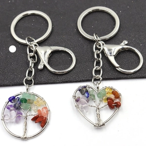 Detail showing round and heart-shaped tree of life pendants with colorful chakra stones