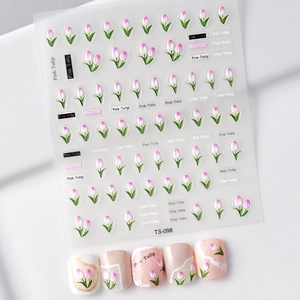 Stickers à ongles 5D en relief tulipe rose avec motifs floraux et lettrage décoratif