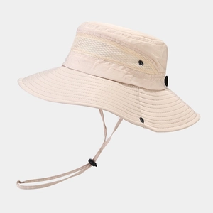 Outdoor sun hat with wide brim, breathable mesh panels and adjustable chin strap