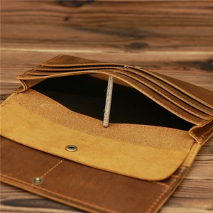 Vintage crazy horse leather long wallet for men with multi-card slots and brass snap button
