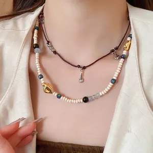 Vintage layered coffee bean acrylic beaded necklace set with brown braided rope and silver pendant