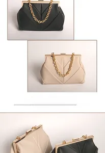 Detail of V-quilted evening clutch with gold thick chain strap and metal clasp closure