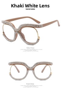 Macro detail of khaki eyewear frames with sparkling rhinestones and gold metal lines