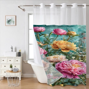 Detail of waterproof peony floral shower curtain with reinforced metal grommets for hanging