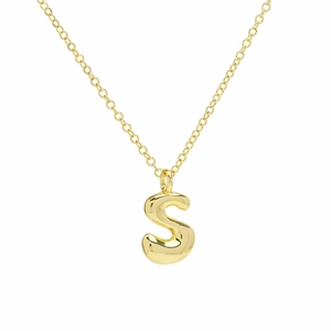 Polished 18k gold letter S pendant with chubby bubble design on a delicate chain