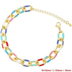 Detail of 9mm wide gold-tone link bracelet with multi-color enamel and lobster clasp