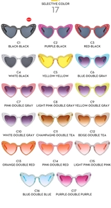 Detailed grid showing 17 color variations of heart-shaped sunglasses with rhinestone decor