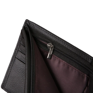 Genuine black leather bifold wallet featuring multiple card slots and a metal zipper pocket