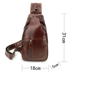 Detailed dimension guide showing 31x18x5cm size for this brown leather sling bag