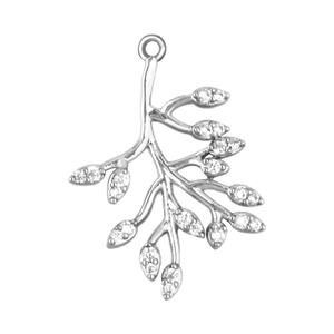 Detailed view of a silver leaf branch pendant with sparkling zircon inlays for jewelry