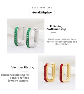 Polished stainless steel rectangular zircon earrings with green and red gemstones