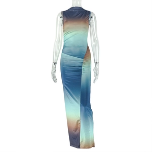 Detail of multi-color gradient sleeveless bodycon dress with side pleats and ruched texture